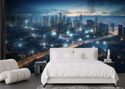 A smart cityscape with interconnected IoT devices and AI - driven systems, creating a seamless and sustainable urban environment Wall mural